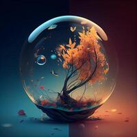 3d illustration of a crystal ball with an autumn tree inside., Image photo