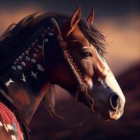 Horse portrait with indian headdress. Portrait of a horse., Image photo