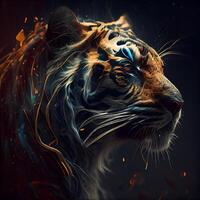 Beautiful tiger with fire on dark background. Fantasy animal portrait., Image photo