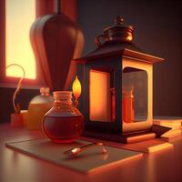 3d illustration of lamp and potion on table in dark room., Image photo