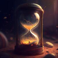 reloj de arena con fuego adentro, conceptual imagen de hora paso por., ai generativo imagen foto