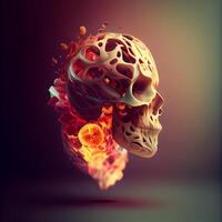 Burning human skull in flames. 3d illustration. Halloween concept., Image photo