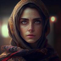 Portrait of a beautiful girl in a shawl with a pattern on her face., Image photo