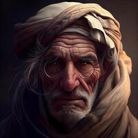 Portrait of an old man in a turban and glasses., Image photo