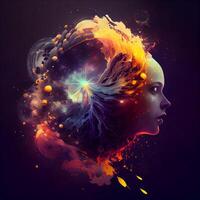 Futuristic portrait of a beautiful woman. The girl is surrounded by colorful elements., Image photo