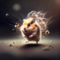 Hamster with a lot of smoke on a dark background. The hamster is flying in the air., Image photo