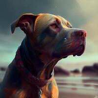 Digital painting of a Staffordshire Terrier in the sunset light., Image photo