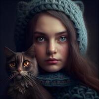 Portrait of a beautiful girl with a cat in a winter hat., Image photo