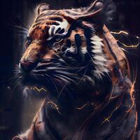 retrato de un Tigre en el oscuro con fuego y chispas., ai generativo imagen foto