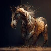 Horse made of wood on a black background. Artwork., Image photo