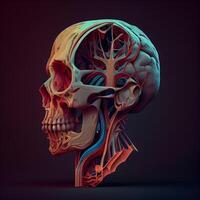 Human skull anatomy. 3D illustration. 3D rendering. Neon light., Image photo