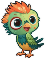 grappig en schattig vogel transparantie sticker, schitterend quetzal. ai generatief. png