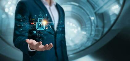 Cyber security and data protection, businessman holding padlock Internet network security system, protecting business and financial transaction data from cyber-attacks, secure data encryption. photo