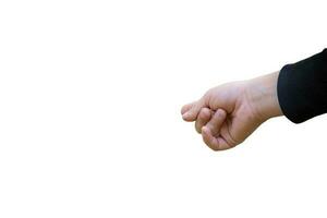 child hand with bitten fingernails pointing down on a white background photo