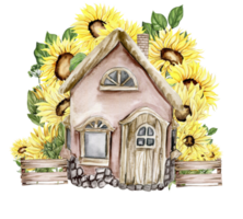 Watercolor farm composition with sunflowers. Butterflies in cartoon style. Hand drawn illustration of summer. Perfect for scrapbooking, kids design, wedding invitation,posters, greetings cards. png