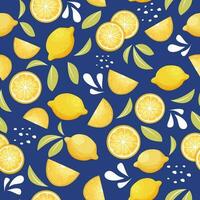 Lemon tropical citrus seamless pattern with leaves, slices in cartoon style. Abstract fresh bright fabrik. Vector illustration