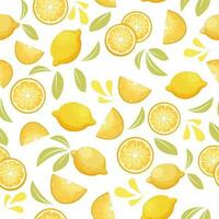 Lemon tropical citrus seamless pattern with leaves, slices in cartoon style. Abstract fresh bright fabrik. Vector illustration