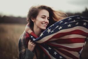A beautiful young woman wrapped in an American flag on her neck in the field. AI Generative photo