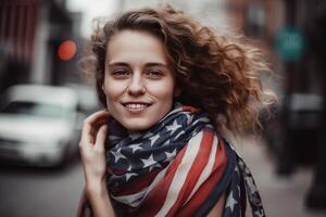 un hermosa joven mujer envuelto en un americano bandera en su cuello en el campo. ai generativo foto