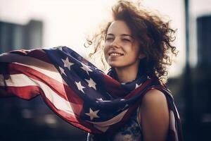 un hermosa joven mujer envuelto en un americano bandera en su cuello en el campo. ai generativo foto