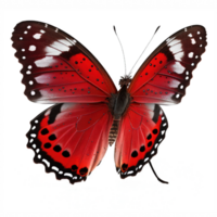 i detta fantastisk bild, en ljus röd fjäril är visat upp mot en transparent bakgrund, tillåter de invecklad mönster av dess vingar till vara beundrad i Allt deras ära.generativ ai png