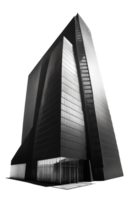 A stunning skyscraper stands tall against a clear, transparent background, its dark exterior reflecting the light from the surrounding city as rays of sunshine peek behind it. png