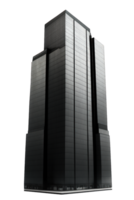 un imponente y magnífico rascacielos sube arriba en contra un profundo, oscuro cielo, suspendido en un transparente antecedentes ese enfatiza sus pulcro y moderno diseño.generativo ai png