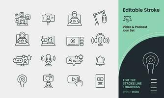 Video and Podcast Icon collection containing 16 editable stroke icons. Perfect for logos, stats and infographics. Change the thickness of the line in any vector capable app.