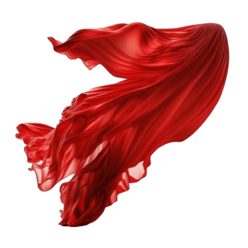 un' sbalorditivo Immagine di un' ondeggiante rosso seta tessuto volante attraverso il aria contro un' delicato trasparente sfondo, la creazione di un etereo e grazioso effetto.generativo ai png