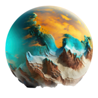 The image depicts a highly detailed, realistic alien planet that hovers on a transparent background, showcasing its vibrant colors and unique features. png