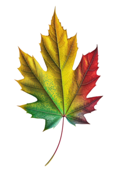 il Immagine vetrine un' vibrante, multicolore acero foglia nel variando occhiali da sole di verde, giallo, e rosso, impostato contro un' trasparente sfondo, cattura il essenza di autunno.generativo ai png