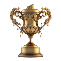 ein strahlend, lebensecht golden Trophäe ist angezeigt auf ein kristallklar Hintergrund, präsentieren es ist exquisit Design und Qualität Konstruktion.generativ ai png