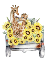 Aquarell Komposition mit Sonnenblumen und Bauernhof Wagen. Schmetterlinge im Karikatur style.hand gezeichnet Illustration von Sommer. perfekt zum Scrapbooking, Kinder Design, Hochzeit Einladung, Poster, Schöne Grüße Karten. png