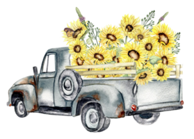 waterverf samenstelling met zonnebloemen en boerderij auto. vlinders in tekenfilm stijl.hand getrokken illustratie van zomer. perfect voor scrapbooken, kinderen ontwerp, bruiloft uitnodiging, affiches, groeten kaarten. png