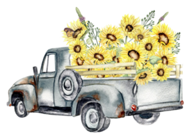 Watercolor composition with sunflowers and farm car. Butterflies in cartoon style.Hand drawn illustration of summer. Perfect for scrapbooking, kids design, wedding invitation,posters, greetings cards. png