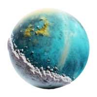 The image shows a photo-realistic depiction of a planet, with swirling clouds and rugged terrain visible on its surface. png