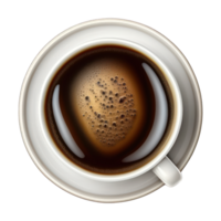 The image is a realistic top view of a cup of coffee on a transparent background, showing the rich color and texture of the coffee and the details of the cup's design. png