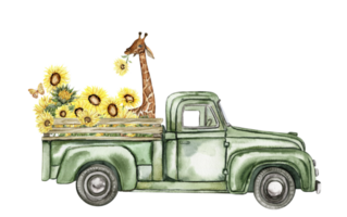 Watercolor composition with sunflowers and farm car. Butterflies in cartoon style.Hand drawn illustration of summer. Perfect for scrapbooking, kids design, wedding invitation,posters, greetings cards. png
