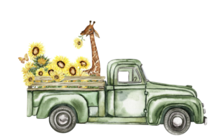 Aquarell Komposition mit Sonnenblumen und Bauernhof Wagen. Schmetterlinge im Karikatur style.hand gezeichnet Illustration von Sommer. perfekt zum Scrapbooking, Kinder Design, Hochzeit Einladung, Poster, Schöne Grüße Karten. png