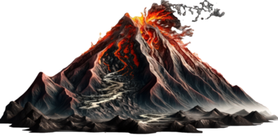 un majestuoso y imponente volcán, prestados en Exquisito detalle, sube ominosamente en contra un transparente fondo, Proporcionar un asombroso ver de sus interior labores y ardiente furia.generativa ai png