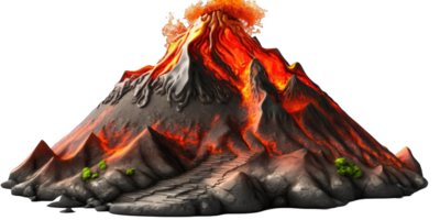 A lifelike volcano floats on a clear background, with lava flowing down its sides and smoke billowing from its summit. png