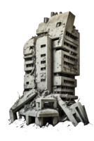 The image depicts the aftermath of an apocalyptic event, with tall skyscrapers left in ruins, standing tall but clearly destroyed. png