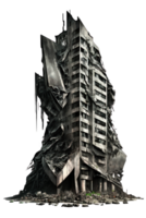 The image showcases a hauntingly beautiful view of ruined skyscrapers, depicting a post-apocalyptic setting. png