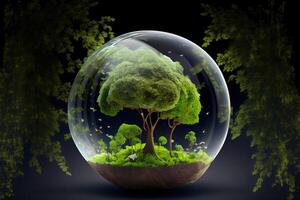 mundo ambiente y tierra día concepto con vaso globo y eco simpático medio ambiente generativo ai foto