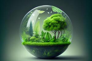 World environment and earth day concept with glass globe and eco friendly enviroment. photo