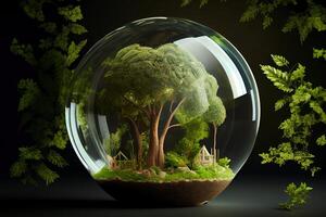 World environment and earth day concept with glass globe and eco friendly enviroment. photo
