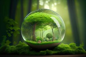 Awesome World environment and earth day concept with glass globe and eco friendly enviroment. photo