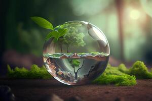 World environment and earth day concept with glass globe and eco friendly enviroment. photo