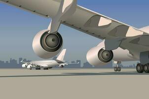 Airplane wing with two turbines, view of another aircraft.Vector. vector