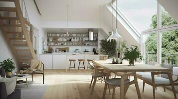 Interior Design, a perspective of a living room and a kitchen with an island, large windows with natural light, modern furniture, skylight, modern minimalistic design, generate ai photo